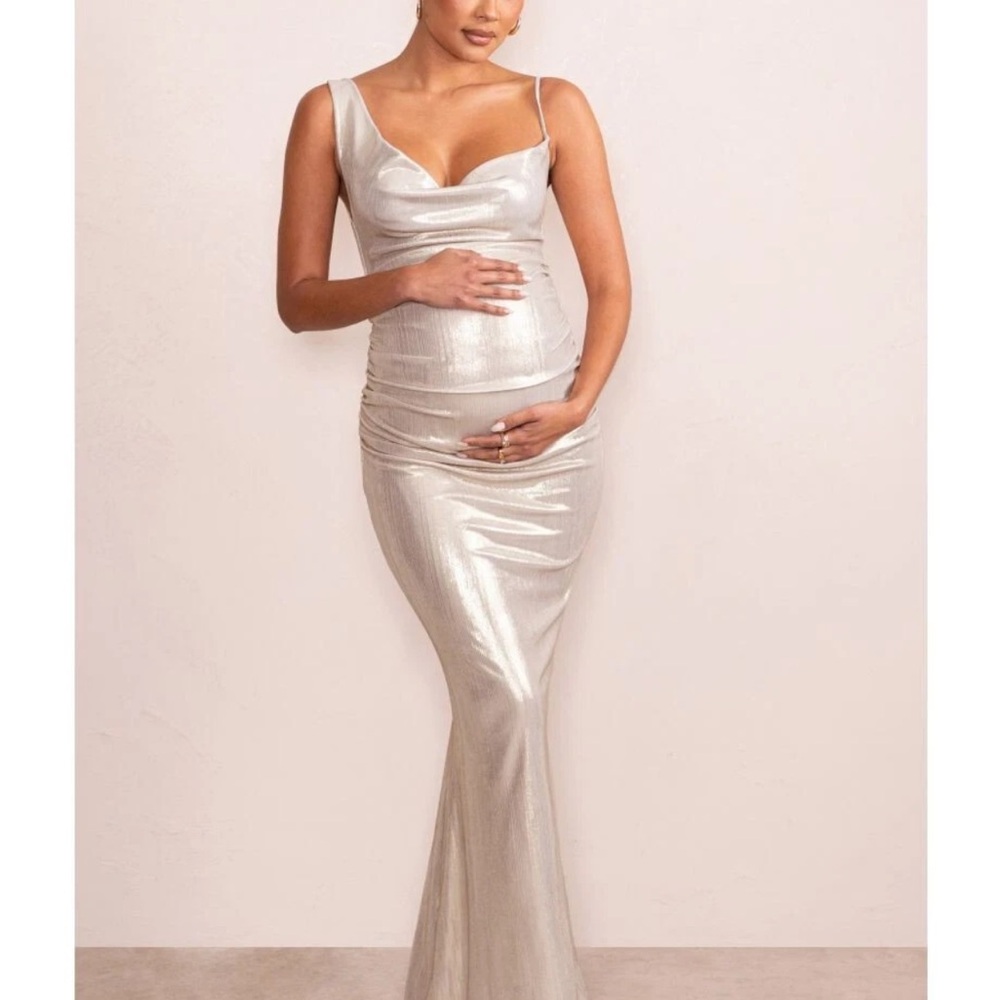 Club L London Dress Gown Gold Galaxy Shimmer Maternity Cowl Neck Maxi Size 8
